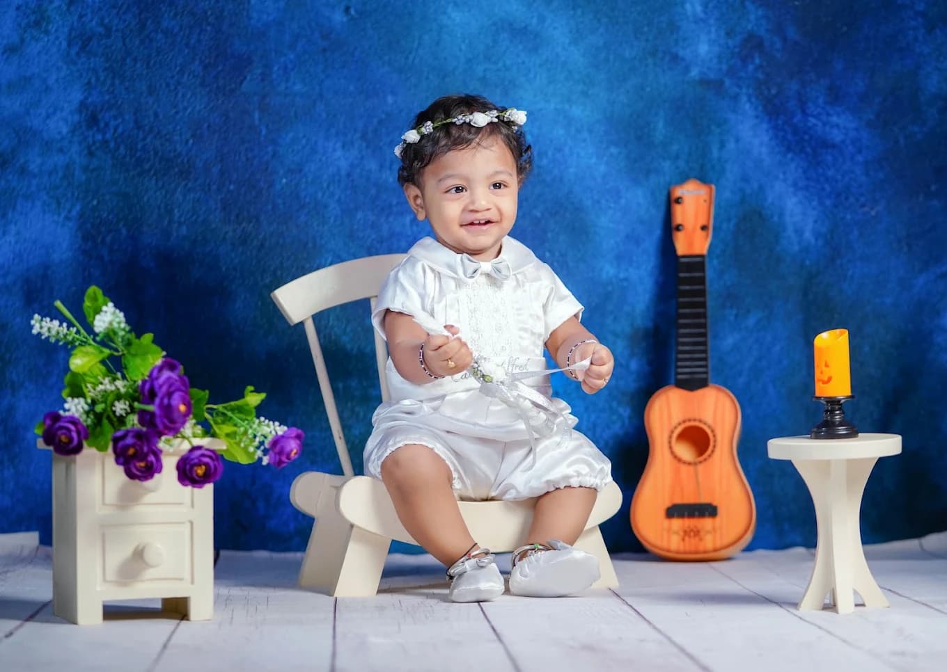 Angelic White Suit & Floral Crown Milestone Shoot