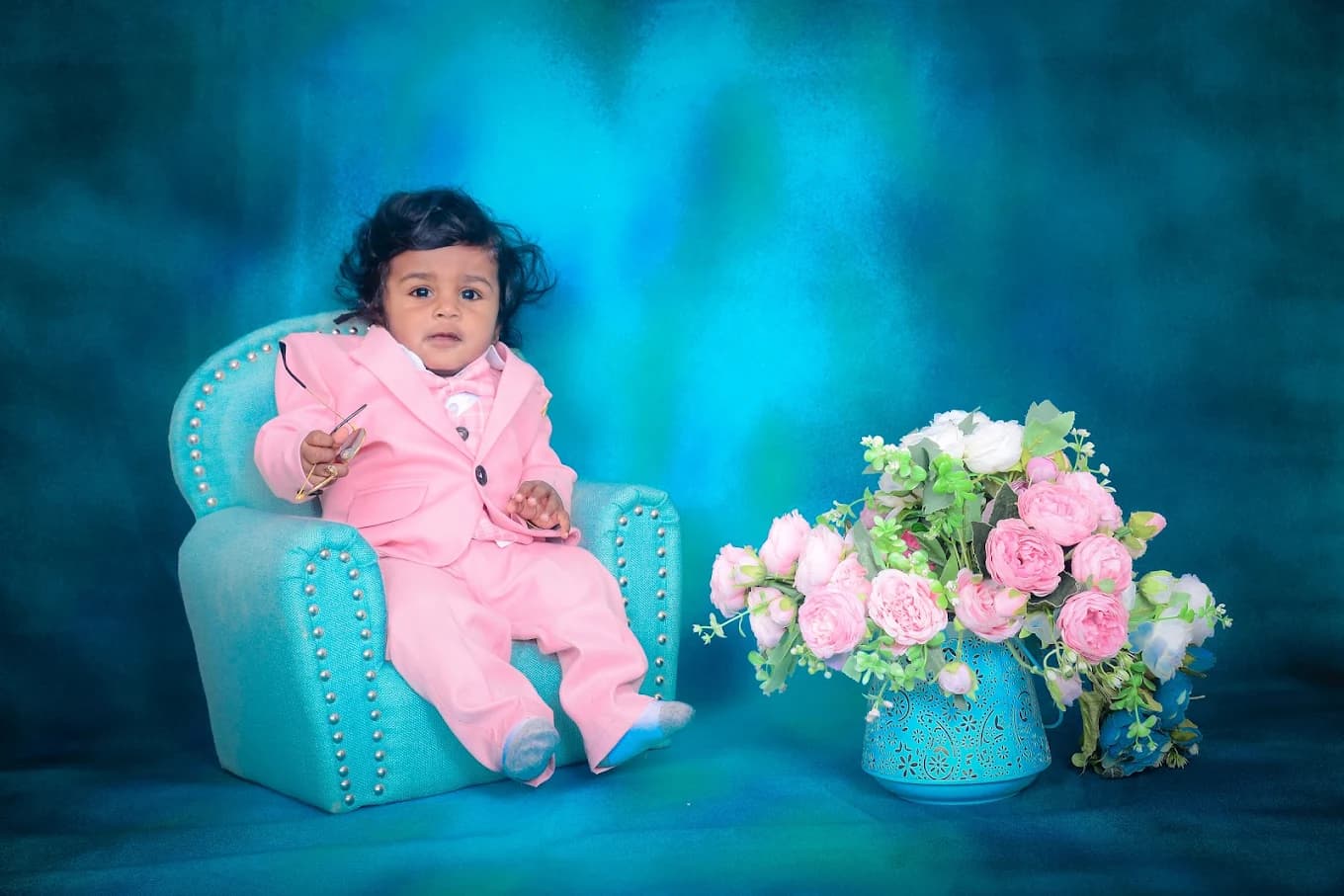 Teal Lounge & Pink Suit Gentle Milestone Portrait